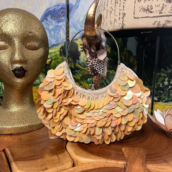 Handbags - Vintage, iridescent sequin and pearl clutch.